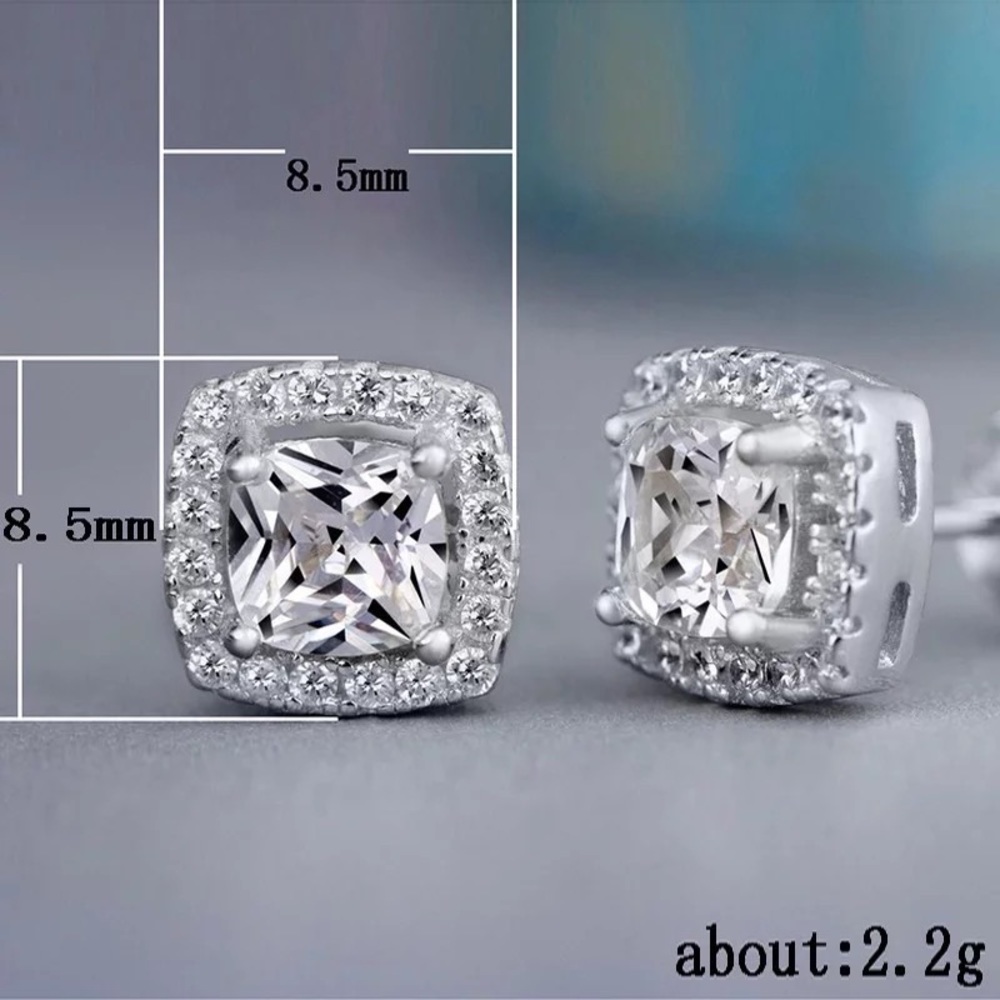 New 925 Silver Square Cut Diamond Earrings - Picture 2 of 2